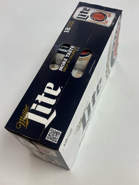 Miller Lite beer 18-pack box shown at an angle on white background