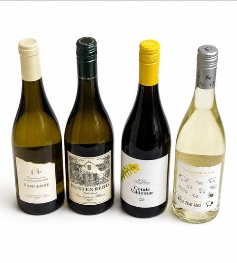 Four wine bottles lined up displaying different varieties including white, red, and rose wines with varied label designs